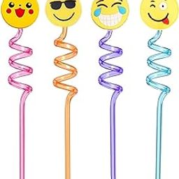 Giffy® 4 Pcs Reusable Spiral Smoothie Plastic BPA Free Drinking Straw for Milkshakes, Soft Drink, Juice, Christmas, Birthday Party Gifts - Multicolor, Smiley Design (Pack of 1) (1)-picture-27