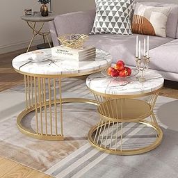 Skaffix The Gold Metal Framed Stacking Tea Table and Engineered Wood top Round Coffee Table, Nesting Table, Side Table, or Center Table for Living Room, Drawing Room (White Gold)-image-52