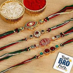 eCraftIndia Set of 4 Multicolor Kundan Designer Rakhis, Happy Rakhi Wooden Cutout with Roli Chawal Pack - Rakhi for Brother, Bhaiya, Bhai-30