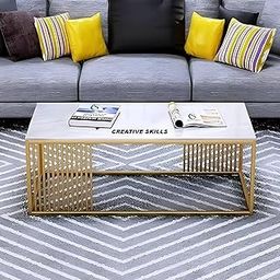 CREATIVE SKILLS Open Rectangle Table Marble Look Coffee Table with Metal Frame, Center Table for Living Room or Reception Room -White Gold-image-79