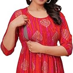 Women's Cotton Printed Maternity Feeding Kurti with Hidden Zip Baby Shower Gown Pregnancy Dresses-image-68