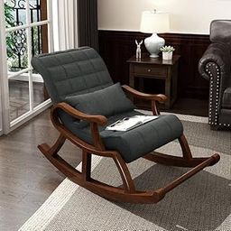 WOOD MART STORE - Teak Wood Modern Ergonomic Rocking Chair with Cushion, Recliner Chair for Lounges, Hallways (Dark Grey)-image-27