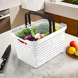Kuber Industries Medium Plastic Storage Baskets with Foldable Handles | Storage Containers for Fruits & Vegetables | Storage Baskets for Kitchen, Books & Stationery Items | White-image-12
