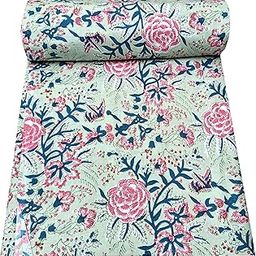Malan Bai Printed Cotton Cloth Green Floral Materiel Natural Running Fabric Jaipuri Hand Block Printed Women Dress Material Kurtis Natural 43" Inches Width (3 Meter)-image-14