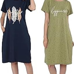 Combo Cotton Short Nighty Round Neck Printed Knee Length Nighty for Women(Pack of 2)-image-17