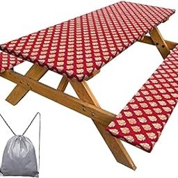 Healbrighting 3 Pcs Picnic Table Cover Bench Covers, Gold Thai Floral 5 ft Rectangle Elastic Edge Reusable Waterproof Table Cloth, 60x30 inches Fitted Tablecloth Camping Essentials RV Gear-image-91