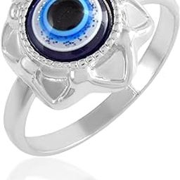 Stainless Steel Brass Plated Blue Evil Eye Inside Flower Ring Protection Jewelry for Women and Men-image-1