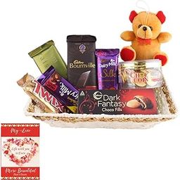 SFU E Com Beautiful Chocolate Gift Hamper With Brown Teddy | Valentine Chocolate With Love Greeting Card | Valentine Chocolate Hamper | 538-25