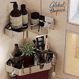 GLOBAL UNPACK Stainless Steel Bathroom Shelf for Wall Adhesive Without Drilling Corner Rack with 4 Hooks and Towel Holder Accessories for Wall Mount Shelves for Kitchen - Pack of 2-image-50