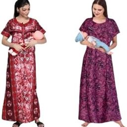 Women's Printed Maternity Nighty/Feeding Nighty/Pregnancy Night Gown/A-Line Nursing Nighty with Zippers for Nursing Pre and Post-Pregnancy- Pack of 2-HMZNFN0026 Multicolour-image-19