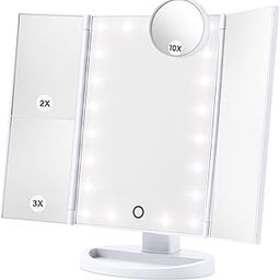 Lighted Vanity Makeup Mirror, Beauty Mirror with Touch Screen, 21 LED Lights, Dual Power Supply, 180 Degree Rotation, 1 X 2X 3X Magnifying Foldable Countertop Cosmetic Mirror-43