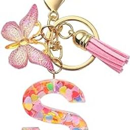 Letter S Keychain Charm Metal Keychain Keyring Backpack Charm Bag Bag Decoration Pink Butterfly Clear Resin Embedded Sequins Letter Stylish Keychain Gift for Girls-image-13