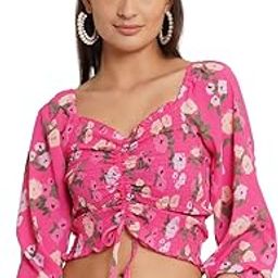 Women Teal Drawstring Front Ditsy Smocked Crop Top-picture-12