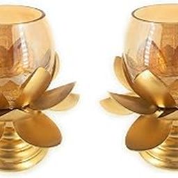 Cracked Glass Lotus Shape Brass Tea Light Candle Holder - Crystal Glass - Golden Color - Pack of (2)-image-93