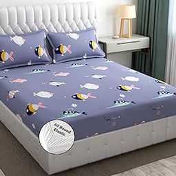 FRESH FROM LOOM Glace Cotton Wrinkle Free Soft Hypoallergenic Elastic Fitted Bed Sheet | Cartoon Printed Bedsheets for Kids with 2 Pillow (Size - 78 x 72 Inches (Fits up to 8 Inch) | Fish/Blue)-12