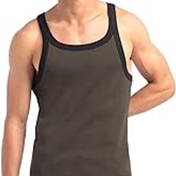 US27 Men's Super Combed Cotton Rib Square Neck Gym Vest (Shoulder Strap Color May Vary)_Olive & Black_XL-picture-55