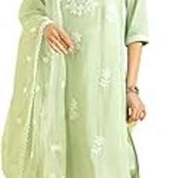 Women's Solid Color Kurta Set with Dupatta - Straight Fit | Silk Blend Fabric | Placement Embroidery on Neck | Organza Dupatta with Booti Work | Straight Pant with Side Pocket & Hem Embroidery-10