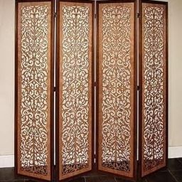 ARYAN WOOD- Engineered Wood Foldable 4 Panels Flower Design Living Room Partition, Room Divider, Room Separator, Wooden Partition, Flower Screen (6 Ft Brown).-image-1
