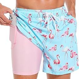 Mens Swimming Trunks with Compression Liner Quick Dry 5 inch Swim Shorts with Zipper Pockets, Cyan + Pink Lining, Medium-image-29