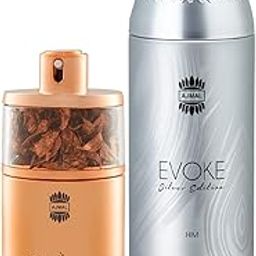 Ajmal Shine EDP Floral Powdery Perfume 75ml for Women and Evoke Silver Edition Him Deodorant Spicy Floral Fragrance 200ml for Men-picture-28