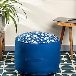 SKANDA FAB Cotton Pouf, Flower Printed Round Seating Cushion/Footrest/Pouffe/Ottoman/Footstool/Floor Cushion Large 45x45cm for Living and Bedroom Floral Classic Blue (Pack of 1)-image-38