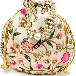 Floral Thread Embroidered Sequence Potli Bag with Pearl Handle-54