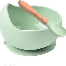 HEXONIQ Baby Feeding Bowl & Spoon Weaning Set Food Grade Silicone Suction Cup Bowl & Wooden Spoon with Stay Put Silicone Suction Bowl, Gift for Toddler Children Girls Boys (Green), 350 ML-image-89
