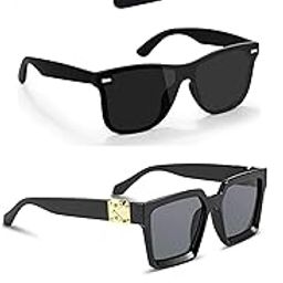 Full Rim Square Branded Latest and Stylish Sunglasses 100% UV Protected Men & Women Medium Black Frame Black Lens Pack of 4-8