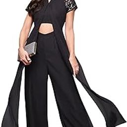 Women's Round Neck Short Sleeves Sequin Panel Jumpsuit (Plus Size) with Pockets (MCSS21D04-65-62-04, Black, M)-image-70