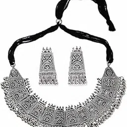 bling queen Women's Silver Plated Oxidised Tassel Beads Choker Jewellery Set, Necklace And Earring Sets For Women, Oxidised Jewelry For Women, Earrings With Pushback Claps, Choker Necklace Set Stylish-picture-7