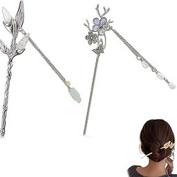 2 Pcs Vintage Hair Stick for Bun, Juda Stick for Hair Bun, Hair Bun Accessories, Hair Pins for Hair Styling with Pearl Beads Floral Design Hairpins for Women Girls-image-32