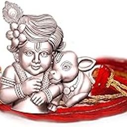 Laddu Gopal Krishna with cow, 99.5% Pure Silver Kanhaiya Rakhi| Raksha Bandhan Rakhi for Kids | Gift for Kids | With Certificate of Authenticity-image-58