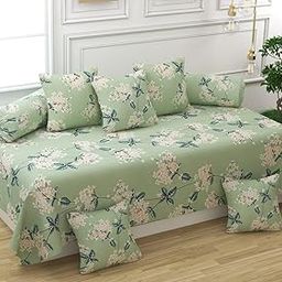 TURIYA 180 TC Premium Microfiber Fabric Set of 8 Pc Diwan Set - 1 Pc Diwan Sheet, 5 Pc Cushion Covers and 2 Pc Bolster Covers; Light Green-75