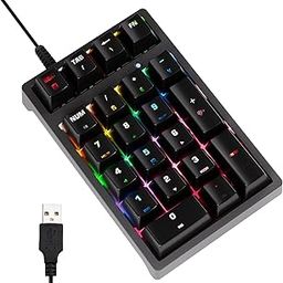 JPHTEK Number Pad, Mechanical USB Wired Numeric Keypad with Blue LED Backlit 21 Key Mini Numpad for Laptop Desktop Computer PC Black (Blue switches)-65