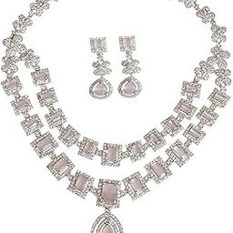 Double Layer Necklace and Earring Set, Crystal, American Diamond Studded Teradrop Jewellery set For Women and Girls -bridal jewelery-18