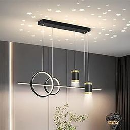 SINOMAN Modern Inbuilt LED Hanging Chandelier Light Black & Gold Finish Ring & Cylinder Shape 3 in 1 Color Changing Ceiling Lighting Fixture with Star Projection Adjustable Height for Home Decoration-image-71