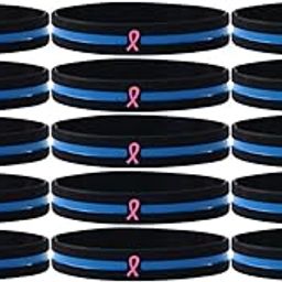 15 Pink Ribbon Wristbands with The Thin Blue Line-image-1