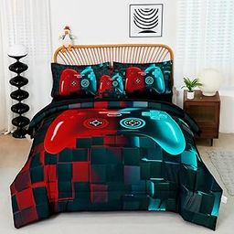 PERFEMET 6 Pcs Gamer Bed Set Twin Size Red and Teal Game Console Kids Bed in A Bag Set Soft Fluffy 3D Cool Teen Boys Gaming Comforter Set with Bed Sheet(Red Teal, Twin)-17