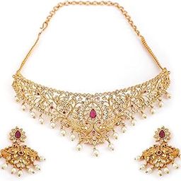 22K Gold-Plated White Pink Ruby Stone-Studded Beaded Handcrafted Jewellery Set For Women-image-37