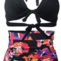 Plus Size Floral Print Halter Backless Retro Style Binikis Swimwear - XL - 8XL-91