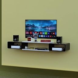 Woodinto Exclusively Wood Wall Mounted Media Console With Power Outlet | Floating Tv Stand | Modern Tv Stand | Floating Tv Shelf | Tv Console | Media Stand (Black & White) - 10 Cm, 20.25 Cm-14