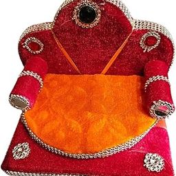 Decorative Velvet Laddu Gopal Singhasan, Red and Orange, Crystal-Studded Temple Throne-image-39
