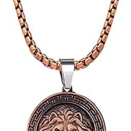 Men’s Lion Head Pendant Necklace – Copper Tone Medallion with Chain, Bold Greek Key Design SPn2025286-image-1