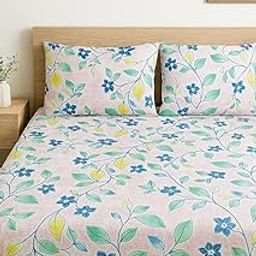 Floral Print Bedding Set with Blue Flowers, Green Leaves Pattern, Double Bed Size, White Base-image-93