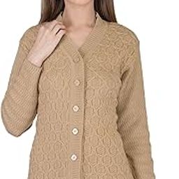 Women's Woolen V-Neck Self Design Cardigan - Heavy Daffodil Fabric, Winter Warm, Pure Wool, Free Size Long, SKINNYBROWN-39