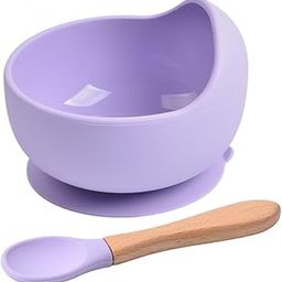VELINEX Baby Kids Feeding Silicone Bowl & Wooden Handle Spoon, Babies and Toddler Bowl & Spoon Set, Unbreakable Silicone Non-Slip Suction, Microwave & Dishwasher Safe (Purple 1 Set), 350 Ml-picture-13