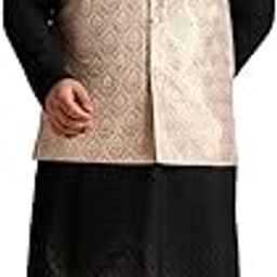 Plus (Since 1958) Men's Cotton Black Chikankari Kurta with White Pyjama & Nehru Jacket-image-2