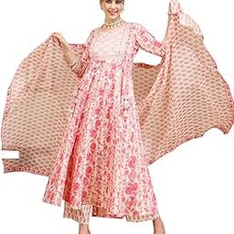 Women's Cotton Calf Length Printed Flared V Neck Kurta Bottom Dupatta Set (KIM6015PC3PINK_L, Pink)-image-2
