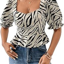 Women's Polycotton Regular Fit Sweetheart Neck Peplum Tops with Puff Sleeves | Zebra Pattern Top for Jeans, Skirts, or Trousers | Ideal for Casual Outings, Parties, or Date Nights-image-9