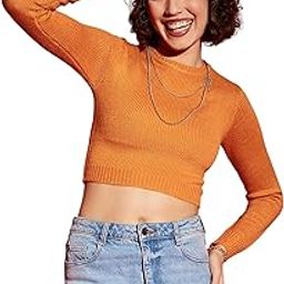 Orange Rib Round Neck Full Sleeves Crop Sweater-image-23